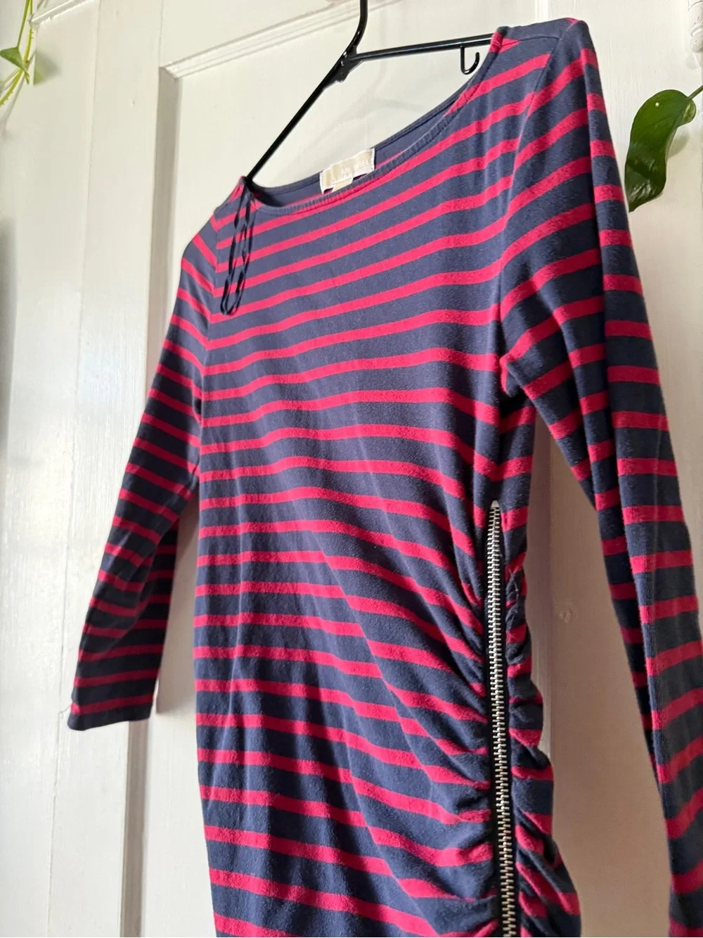Michael Kors Navy and Red Striped Long Sleeve Ruched Side Top size S